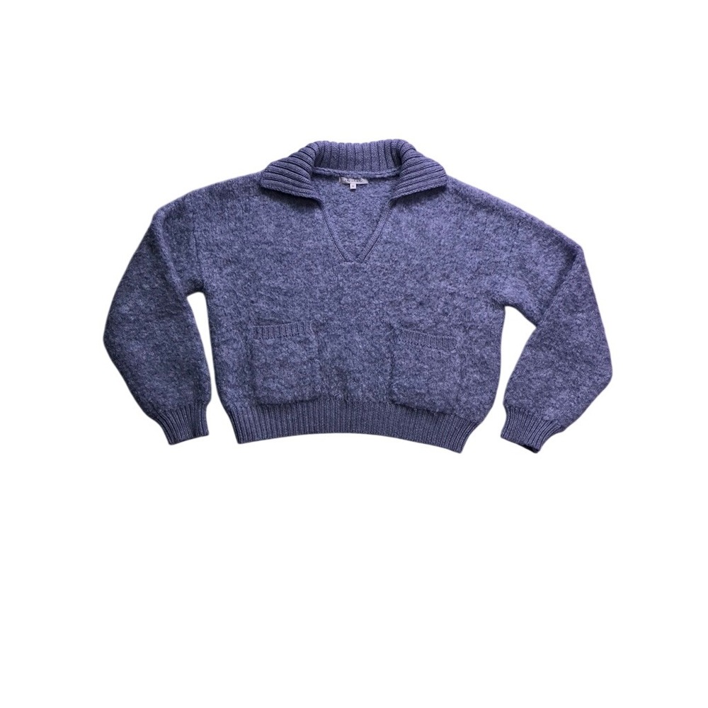 Et Clet Sweater Women Medium Gray Fuzzy Collared V-Neck Wool Blend Pullover